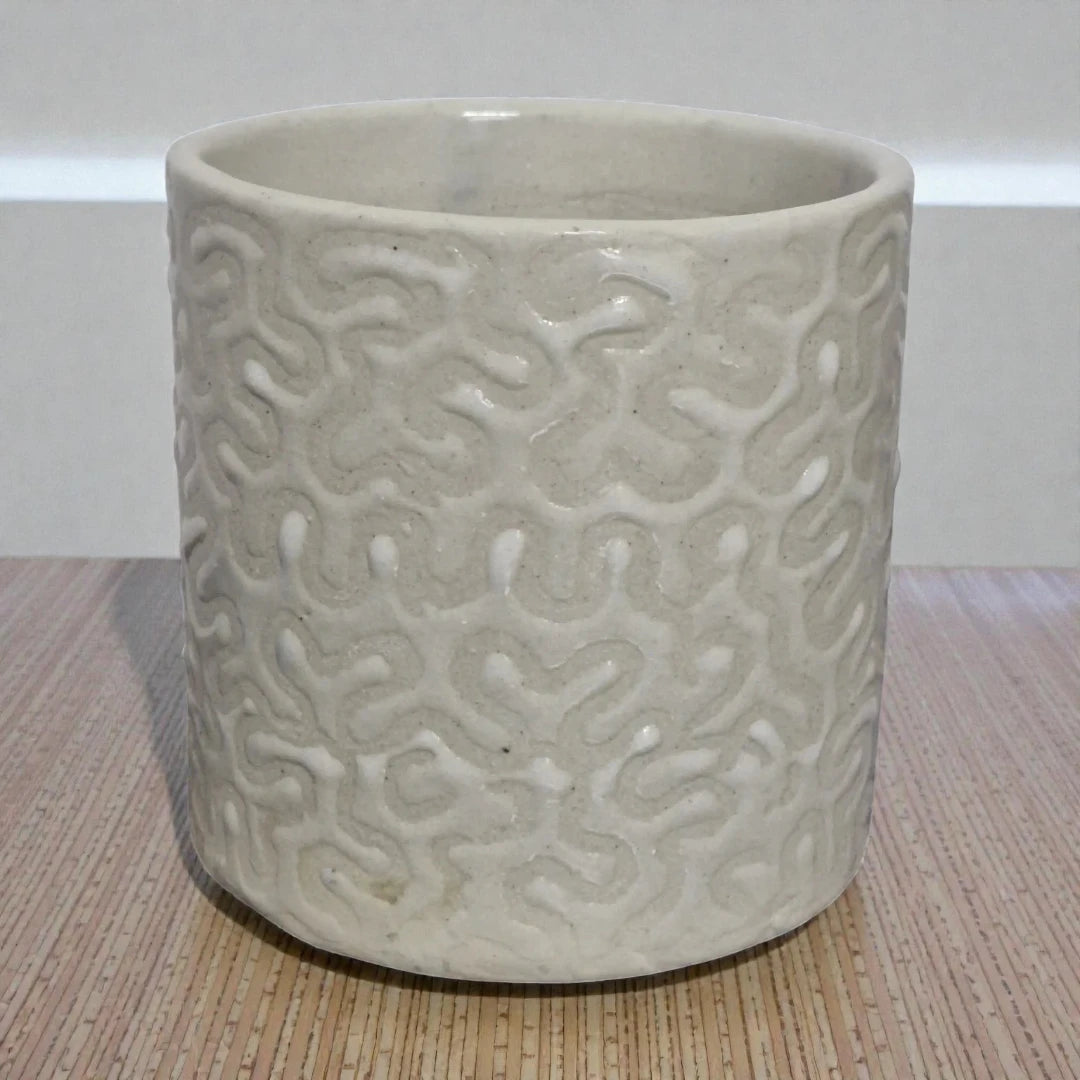 White Ceramic Pot With Grey Designer Patterns