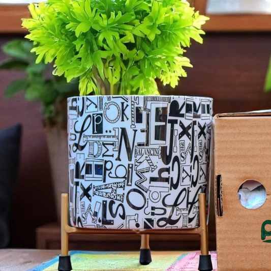 Black and White Cylindrical Pot with Stand