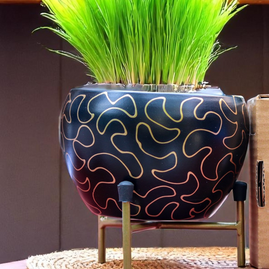 Black Metal Pot with golden strips 1026 A