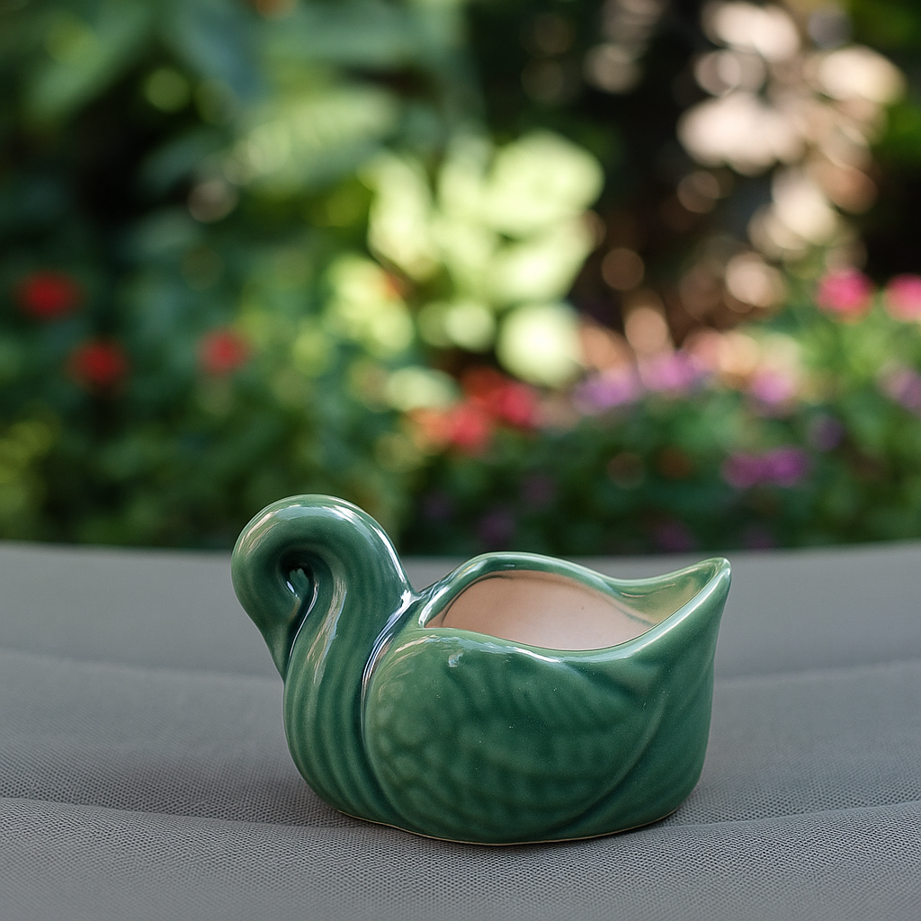 Small Dark Green Duck Ceramic Planter