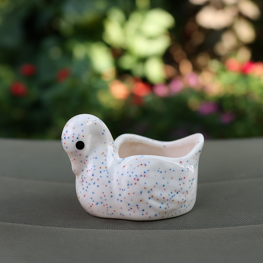 Small White Blue Dotted Duck Ceramic Planter