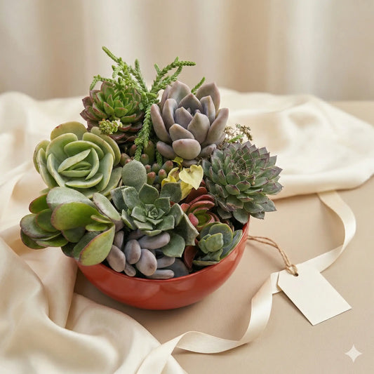 Bowl of succulents with a decorative tag on a beige fabric background