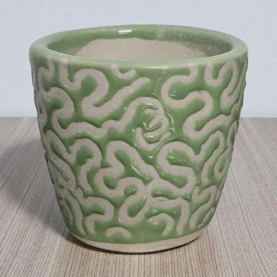 Green and White Printed Ceramic Pot