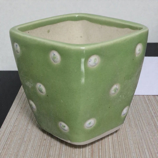 Green Ceramic Pot with White Dots