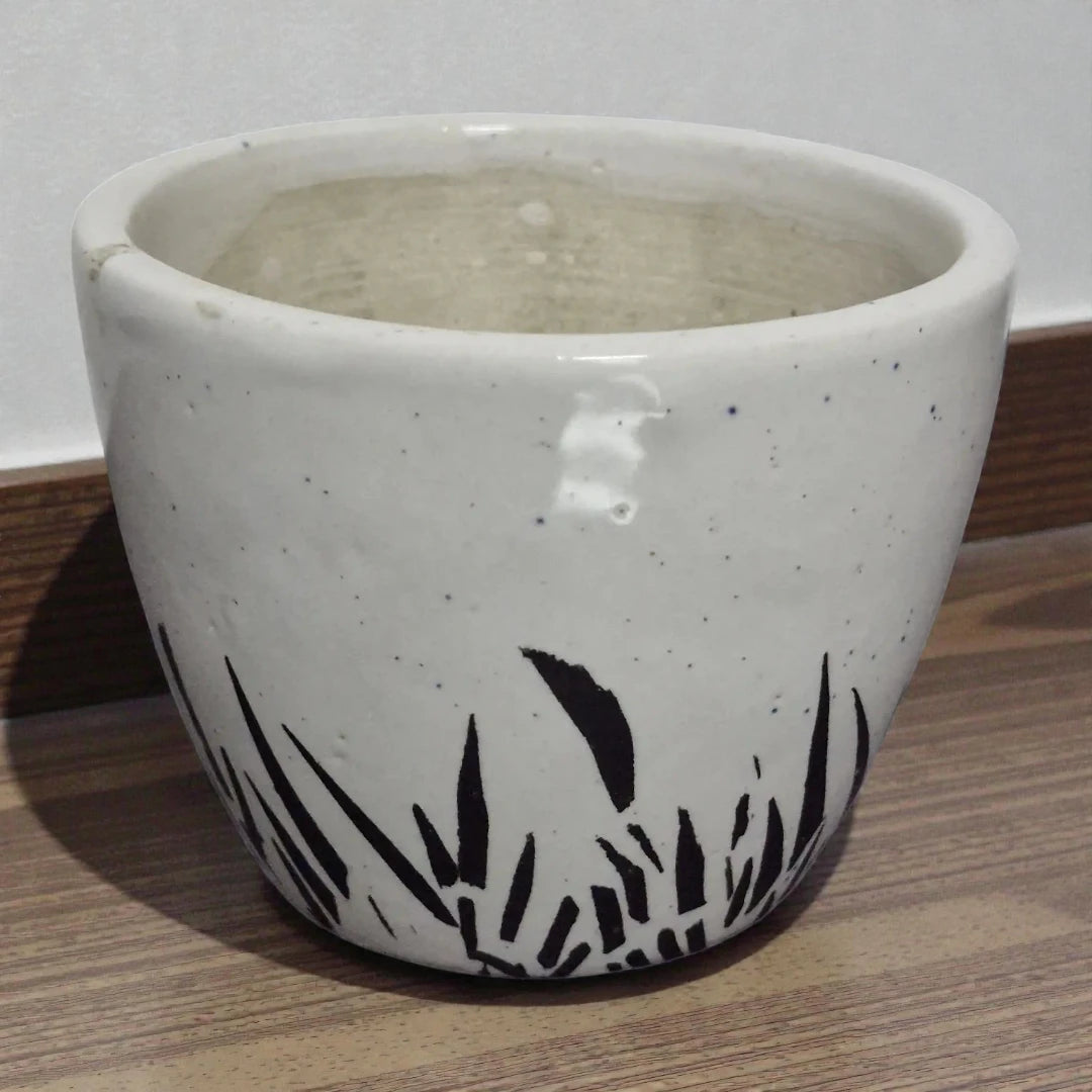 White Ceramic Grass Printed Pot