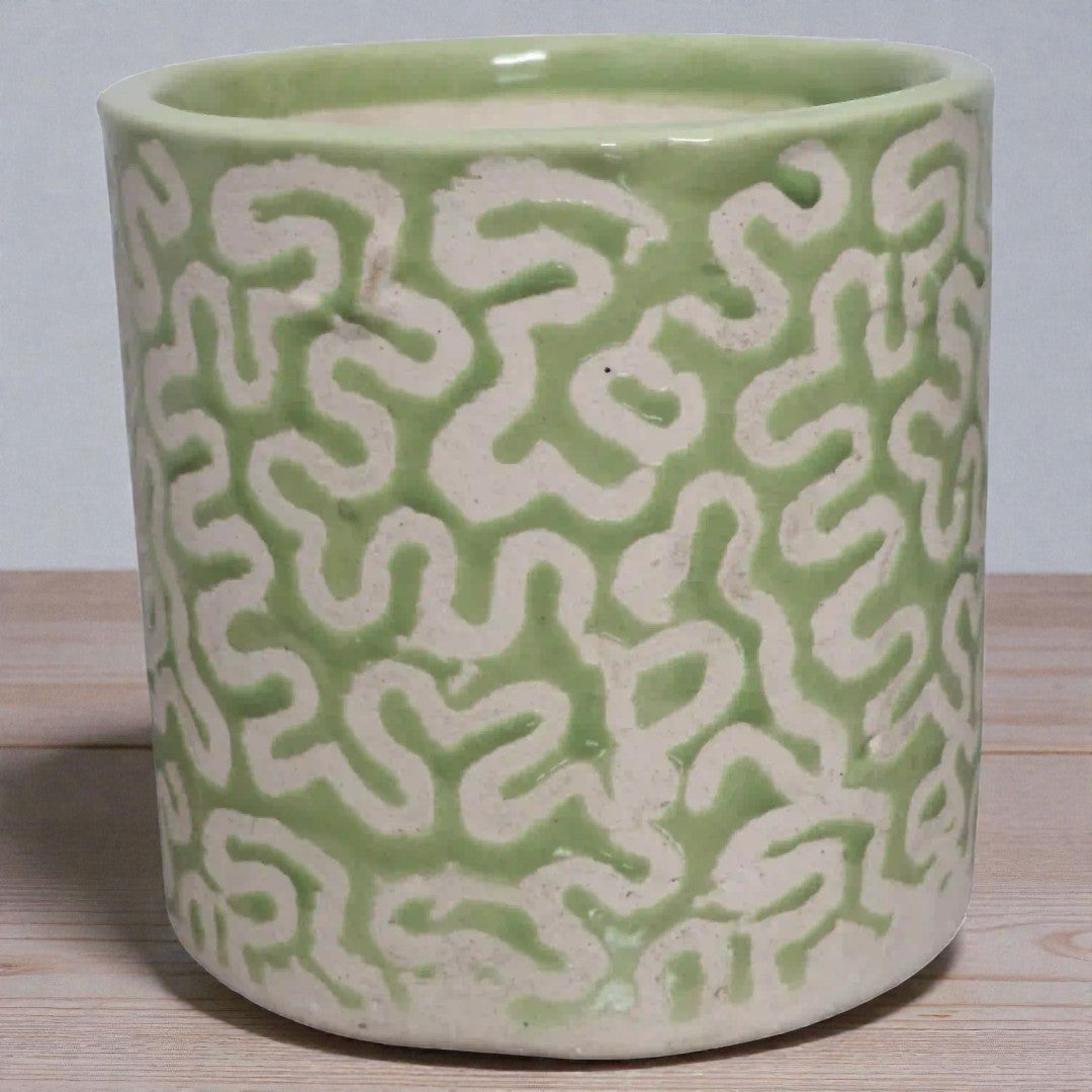 Green and White Printed Ceramic Pot