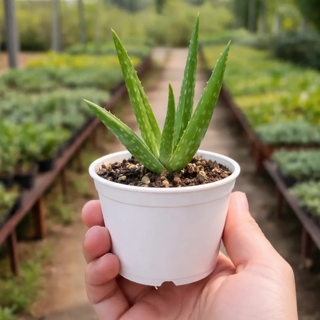 Aloe vera plant with thick, pointed green leaves and white spots growing in a white pot