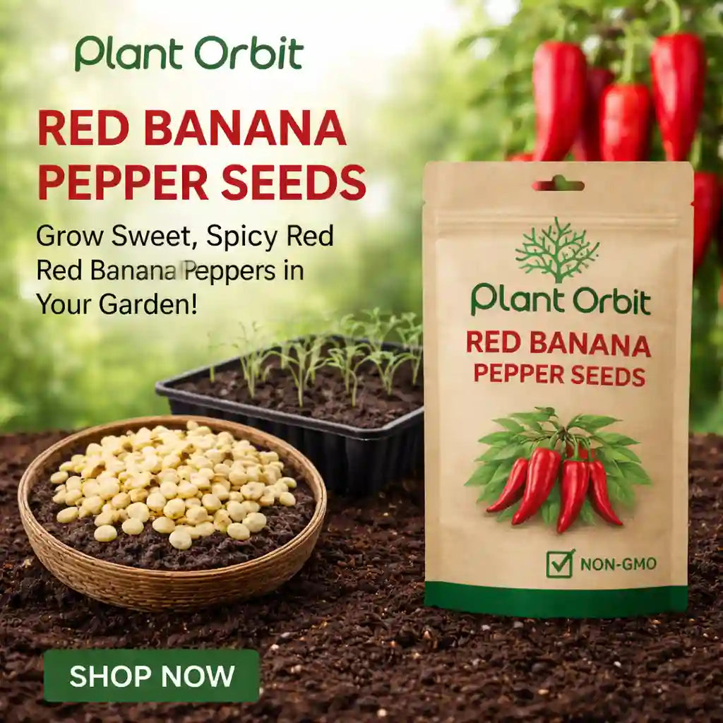 Red Banana Pepper Seeds packaging with seeds in a bowl and plants growing, branded 'Plant Orbit'.