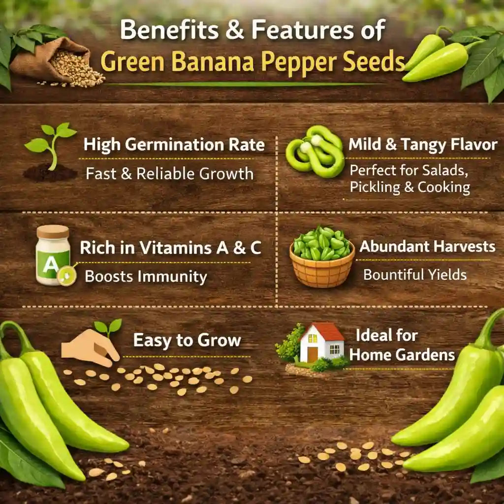 Infographic detailing the benefits and features of green banana pepper seeds on a wooden background.