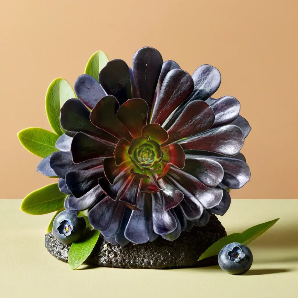 Black Aeonium succulent with dark purple, almost black rosettes, perfect for striking indoor decor.