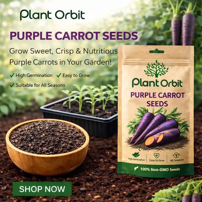Plant Orbit Purple Carrot Seeds packaging with seeds and soil in the background