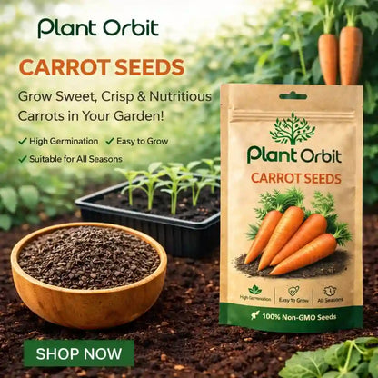 Plant Orbit carrot seeds packaging with seeds and carrots in a garden setting