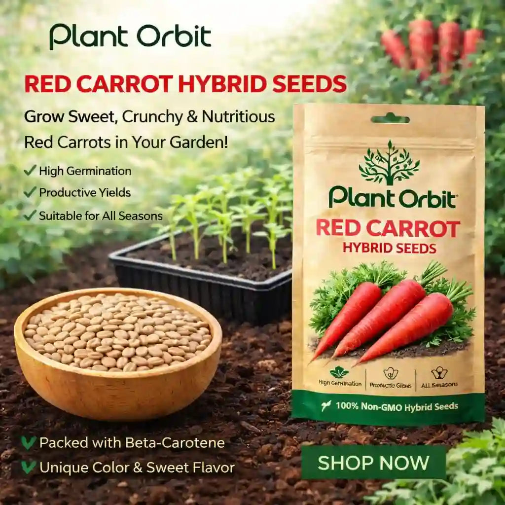 Plant Orbit Red Carrot Hybrid Seeds packaging with seeds in a bowl and garden background