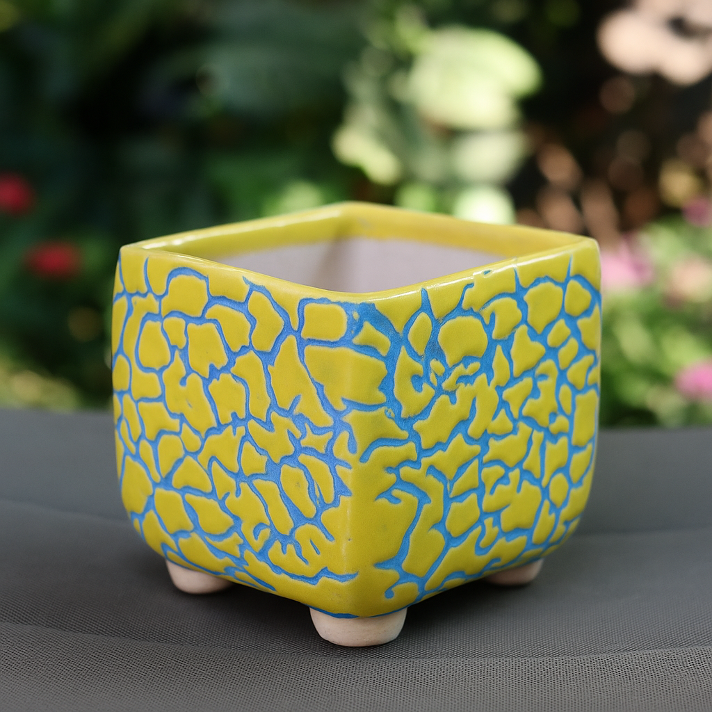 Blue & Yellow Square Ceramic Planter