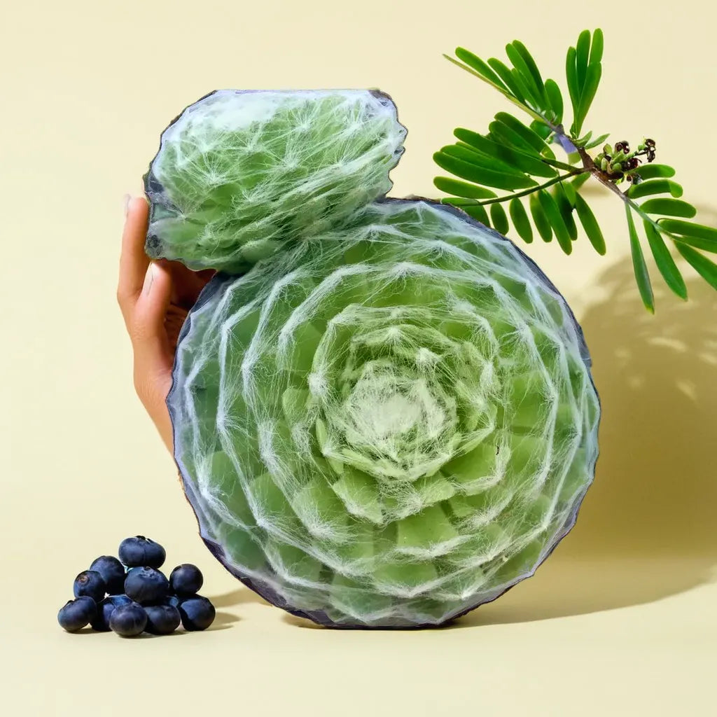 Cobweb Succulent with web-like white filaments covering green rosettes,