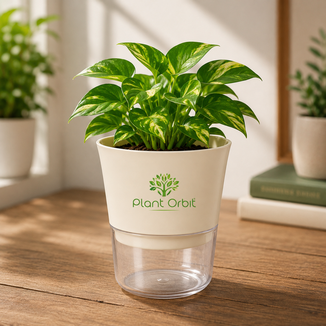 Cream Beige Self-Watering Pot with a green indoor plant by Plant Orbit