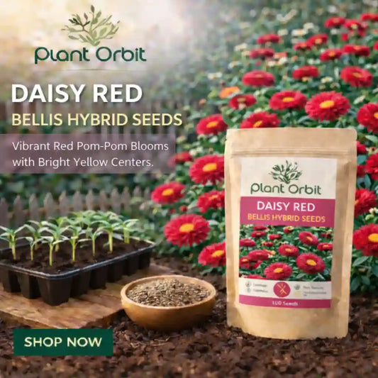 Package of Plant Orbit Daisy Red Bellis hybrid seeds with garden scene in the background
