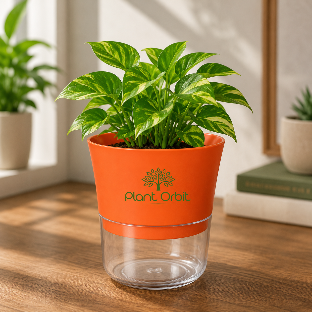 Dark Orange Self-Watering Pot with Money Plant by Plant Orbit