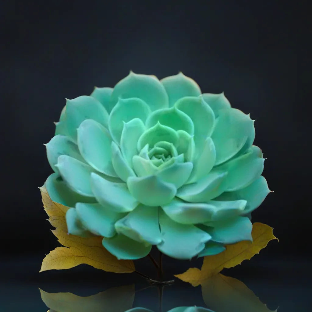 Echeveria Holy Gate succulent with lush green rosette leaves, set against a dark background with a yellow leaf for contrast, offered by Plant Orbit.