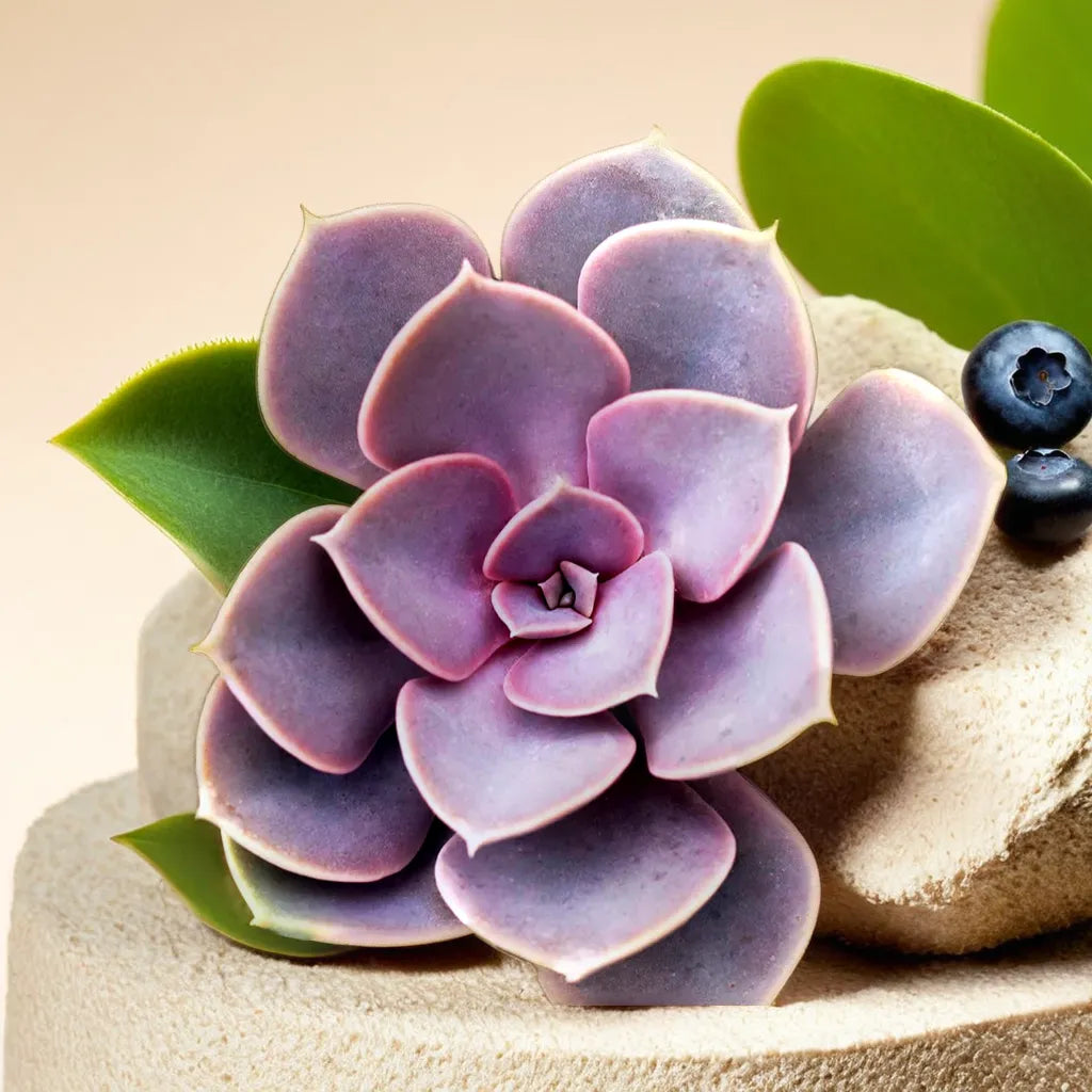 Close-up of Echeveria Neon Breakers succulent Plant with soft pink and purple rosette leaves, placed on a beige textured surface with green leaves and blueberries, available at Plant Orbit.