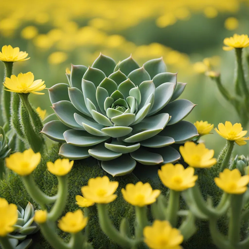 Echeveria Pansy succulent plant surrounded by vibrant yellow blooms in a garden setting, showcasing its deep green rosettes. Buy it online at Plant Orbit.