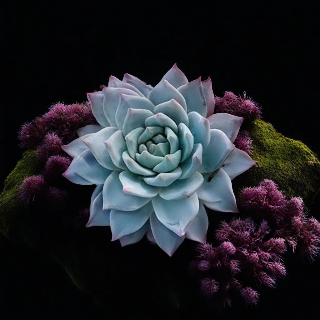 Echeveria Peacockii Blue Bird succulent plant displayed amidst dark moss and purple flowers, highlighting its blue rosette form. Available for purchase at Plant Orbit.