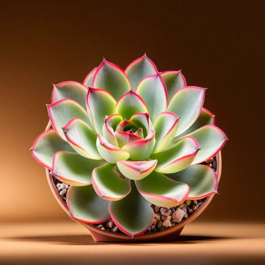 Stunning Echeveria Pulidonis succulent plant with vibrant green leaves edged in red, showcased in a terracotta pot on a warm background. Available at Plant Orbit.