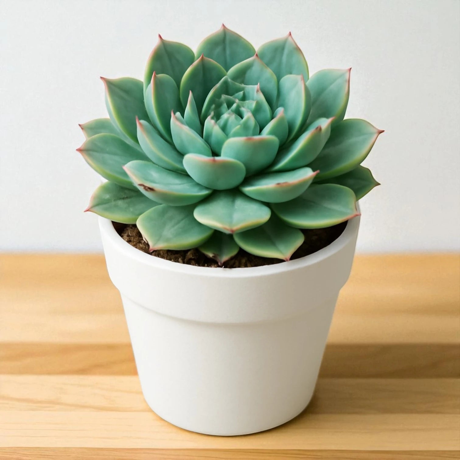 Echeveria Lotus succulent with a compact rosette of blue-green fleshy leaves, delicate pink-red tips, growing in a white pot on a wooden surface.