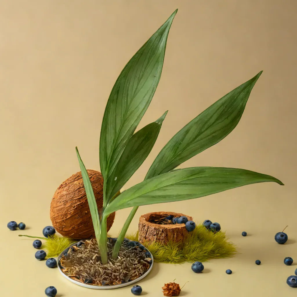 Epipremnum Amplissimum Mother Variegated plant with elongated green leaves in a decorative setup with coconuts and blueberries. Perfect for indoor spaces. Available at Plant Orbit.