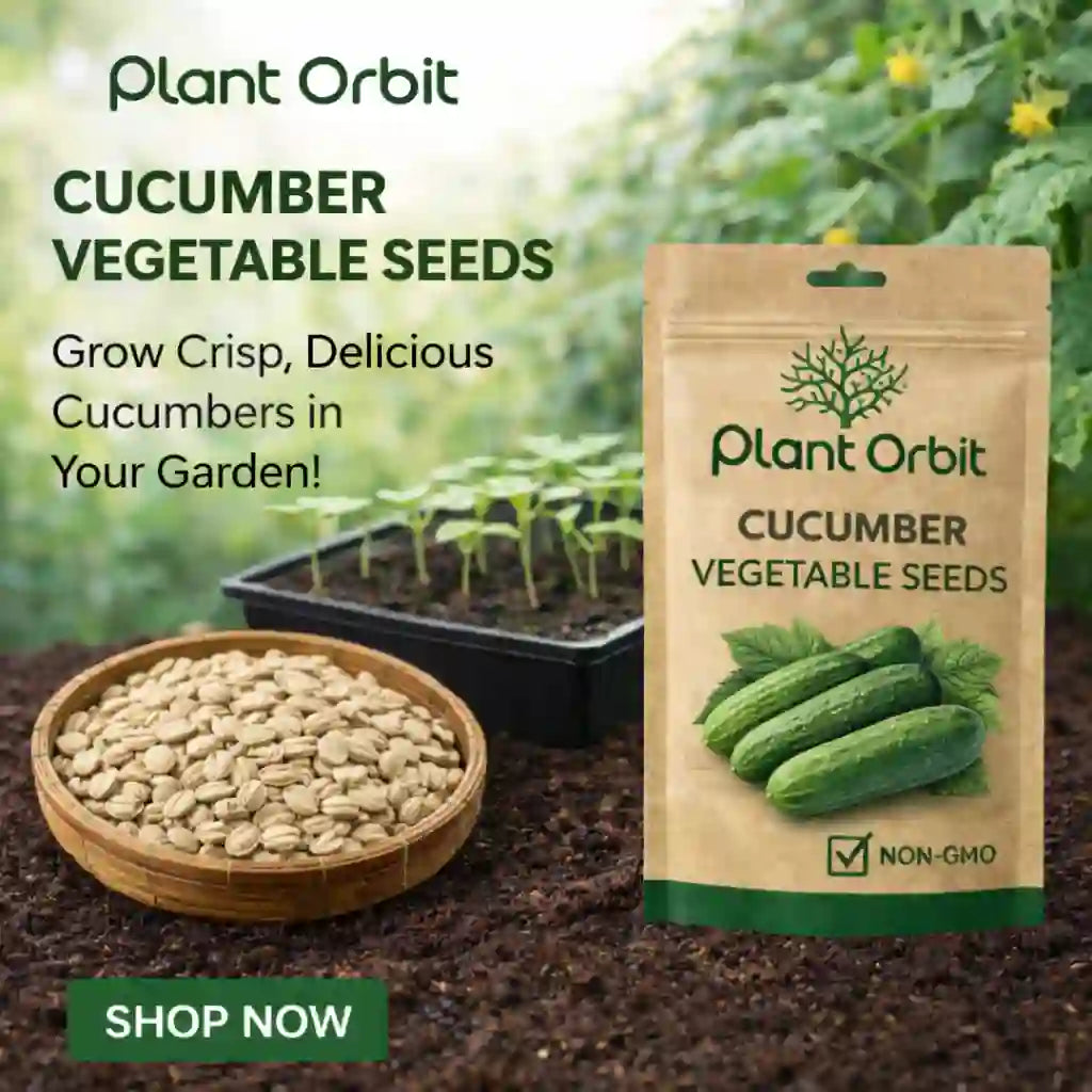 Cucumber vegetable seeds packaging with text and a bowl of seeds on a garden background