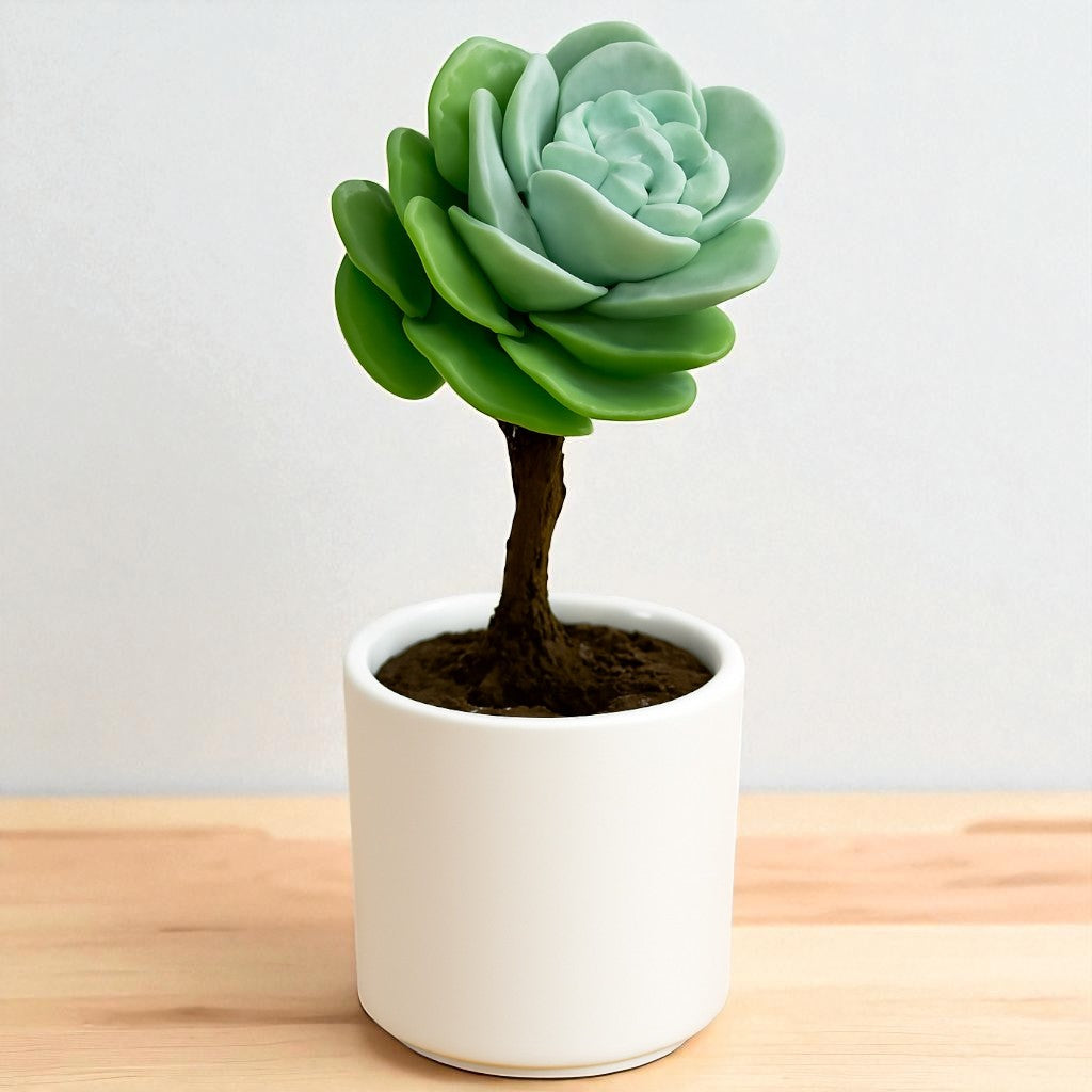 Graptoveria ‘Lovely Rose’ succulent with a large, pale green rosette of thick rounded leaves growing on a woody stem in a white pot on a wooden surface.