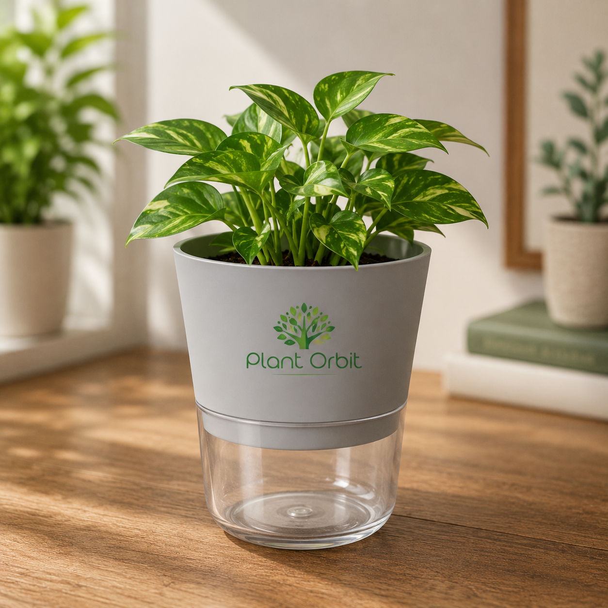 Grey self-watering pot with a green indoor plant by Plant Orbit