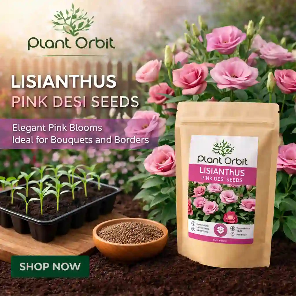 Plant Orbit Lisianthus Pink Desi Seeds packaging with pink flowers and gardening tools in the background.