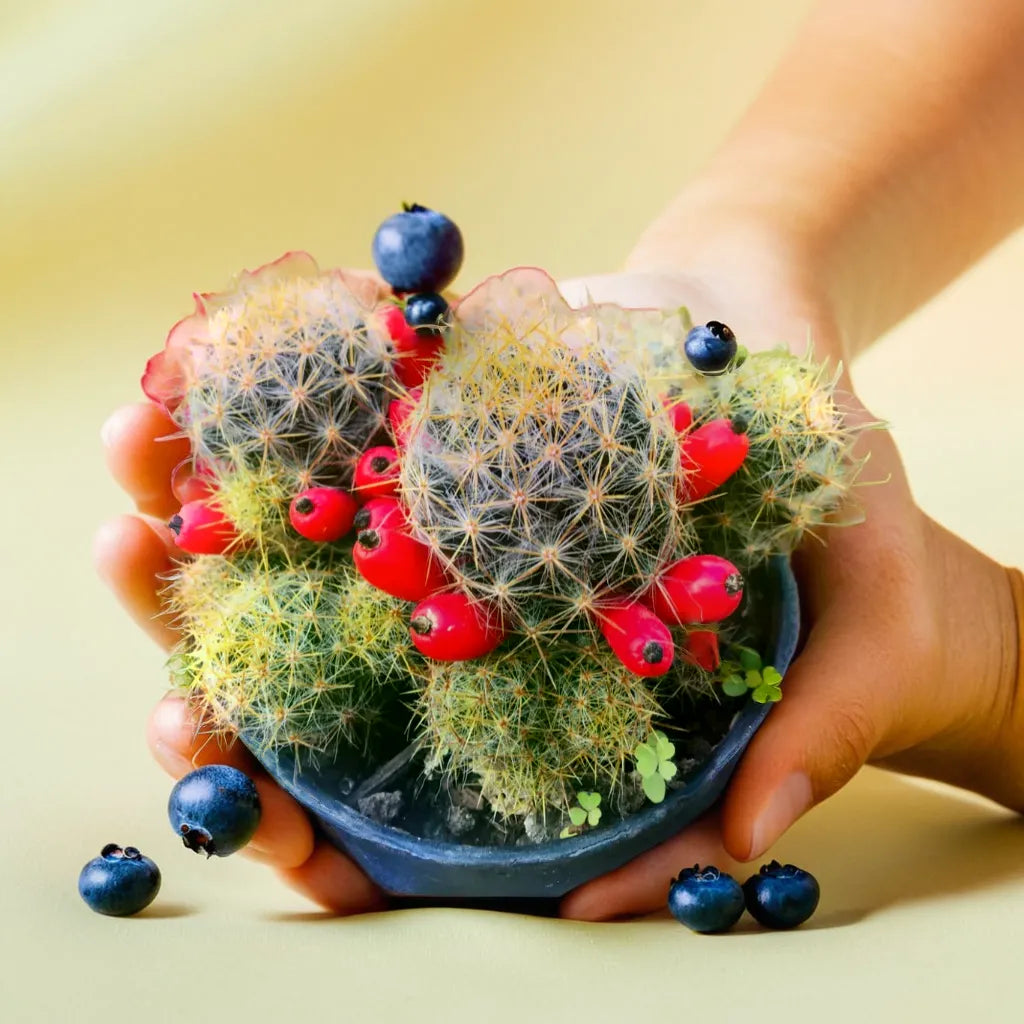 Mammillaria Prolifera cactus, known for its spherical clusters adorned with small spines and vibrant red fruit. This unique and eye-catching cactus plant is perfect for adding texture and color to any indoor garden collection. Discover more exotic cactus plants at Plant Orbit.