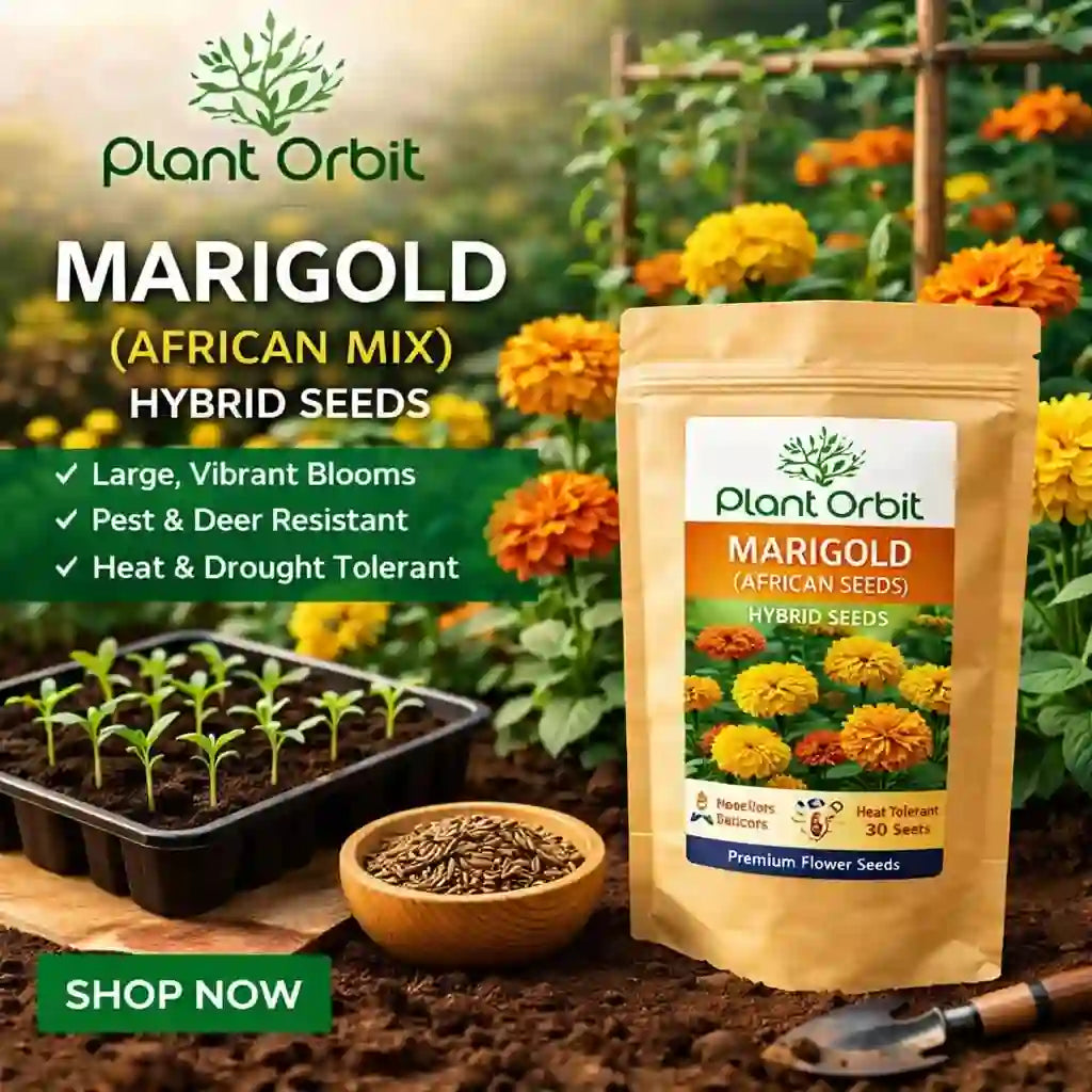 Plant Orbit Marigold seeds packaging with gardening elements and text on a blurred garden background