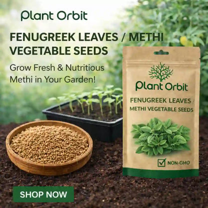 Fenugreek leaves vegetable seeds packaging with seeds in a bowl and text promoting Plant Orbit brand.