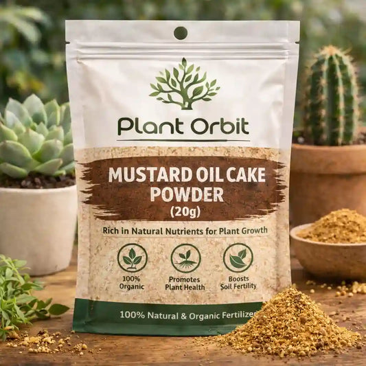 Package of Plant Orbit Mustard Oil Cake Powder with plants in the background