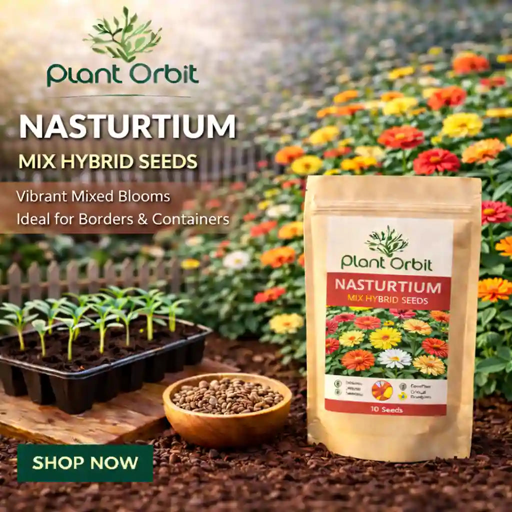 Nasturtium seeds package with plants and seeds on a garden background, featuring Plant Orbit branding.