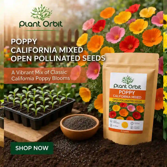 Seed packet for Poppy California Mixed Open Pollinated Seeds with plants and flowers in the background, featuring Plant Orbit branding.