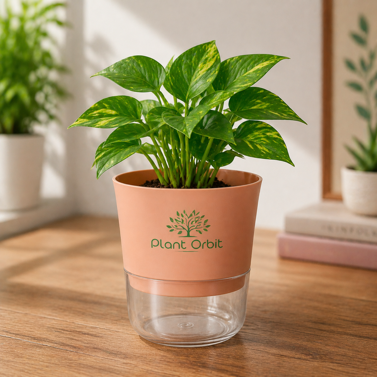 Peach orange self-watering pot with a green indoor plant by Plant Orbit