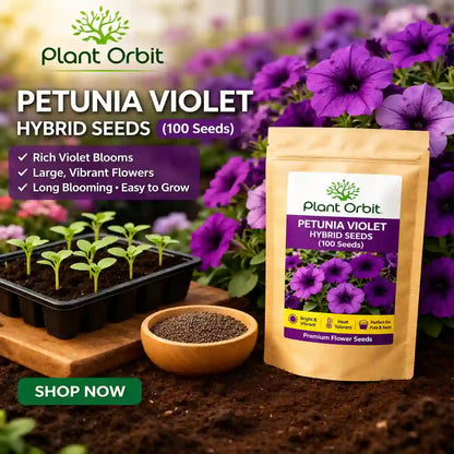 Petunia violet hybrid seeds packaging with growing plants and flowers in the background, featuring Plant Orbit brand.