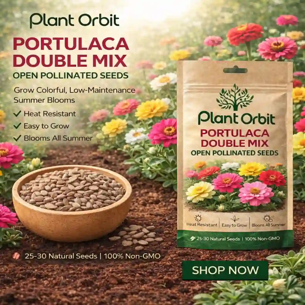 Plant Orbit Portulaca Double Mix seeds packaging with seeds in a bowl and flowers in the background