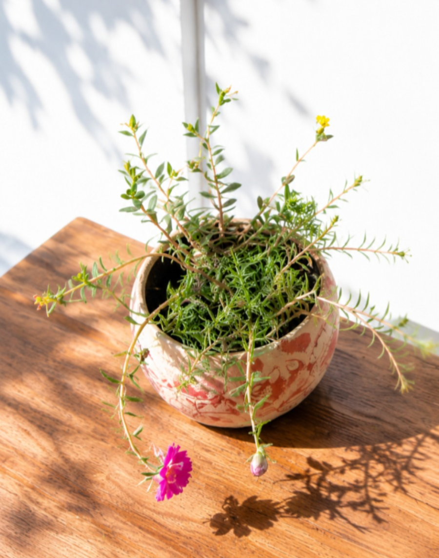 Portulaca flowering plant with pink flowers and trailing green stems in a decorative pot