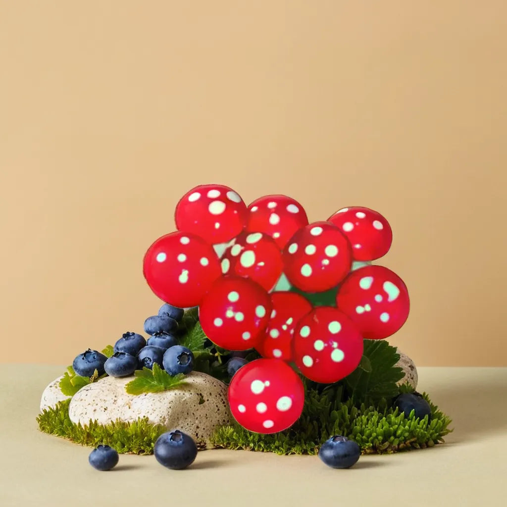 Vibrant red pin mushroom miniatures with white polka dots, perfect for adding a whimsical touch to your miniature garden. These charming miniature garden.