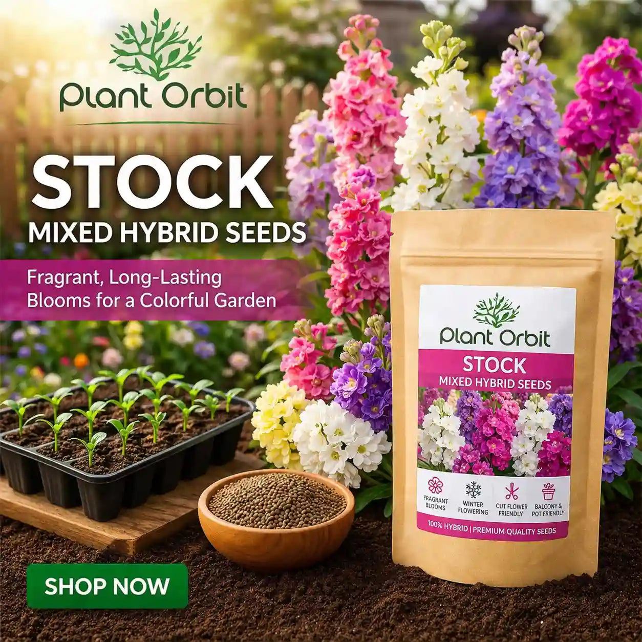 Plant Orbit Stock Mixed Hybrid Seeds packaging with flowers and seedlings in the background