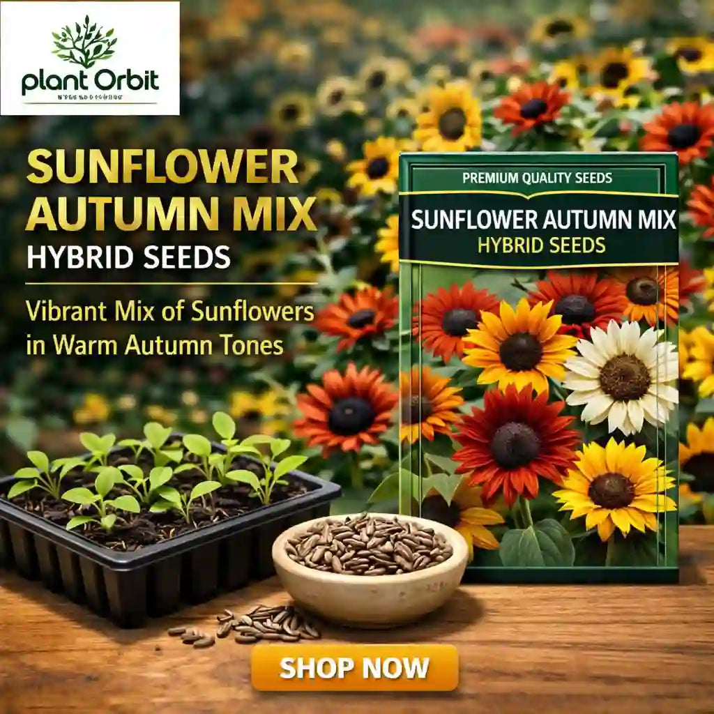 Sunflower autumn mix hybrid seeds packaging with plants and seeds on a wooden surface, featuring Plant Orbit brand.