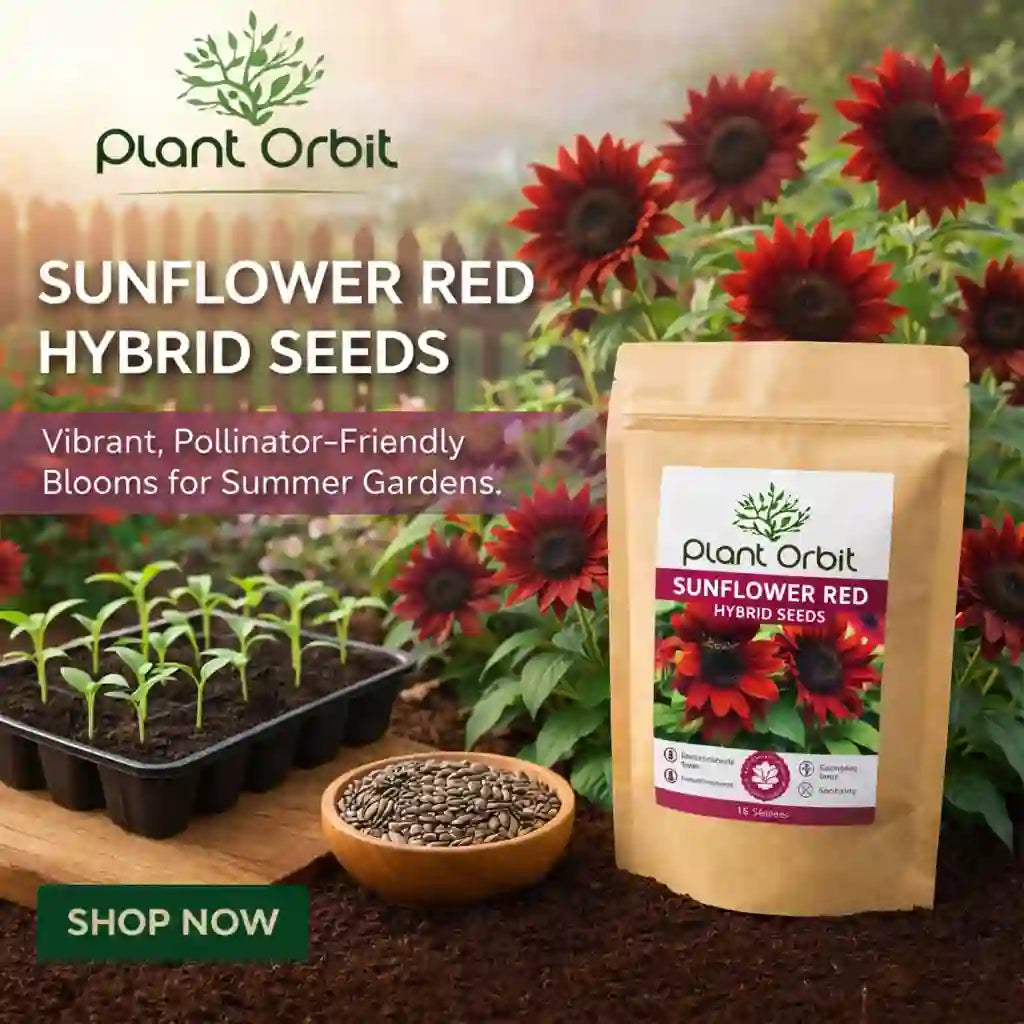 Sunflower red hybrid seeds packaging with plants and sunflowers in the background, featuring Plant Orbit brand.