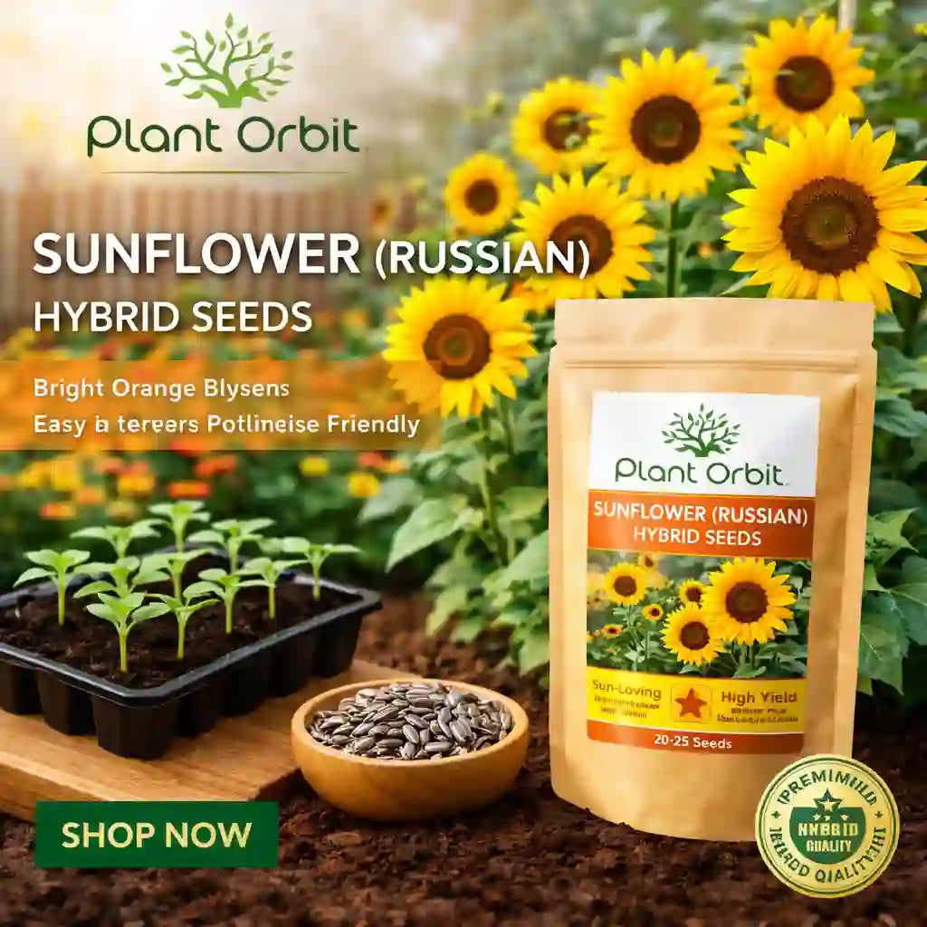 Sunflower hybrid seeds packaging with plants and sunflowers in the background, featuring Plant Orbit brand.