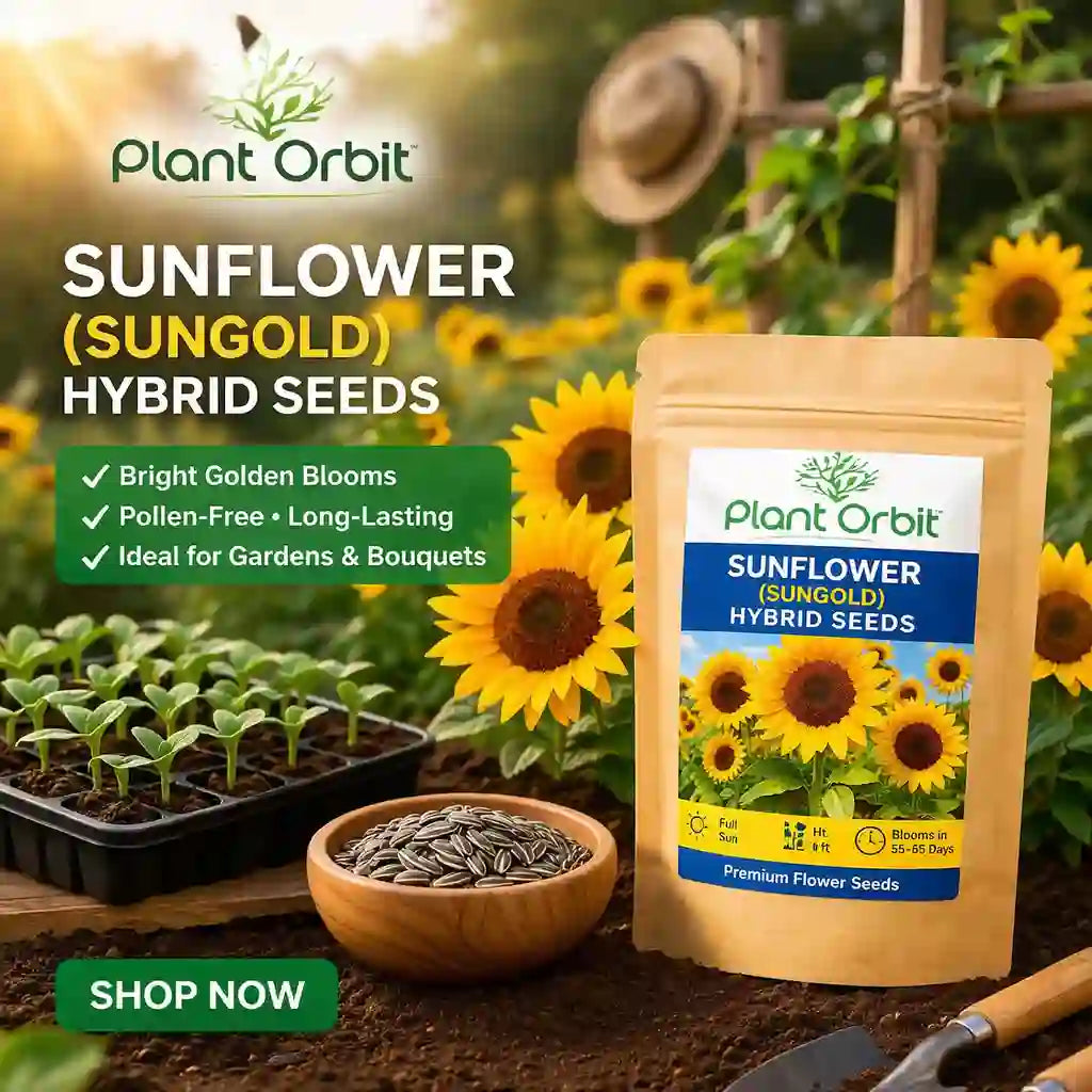 Sunflower hybrid seeds packaging with sunflowers and gardening tools in the background, featuring Plant Orbit brand.