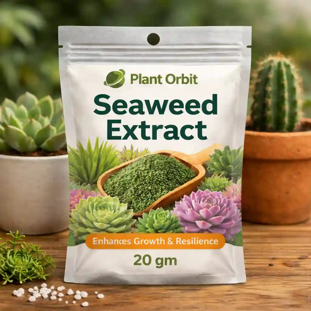 Seaweed extract package with plants in the background